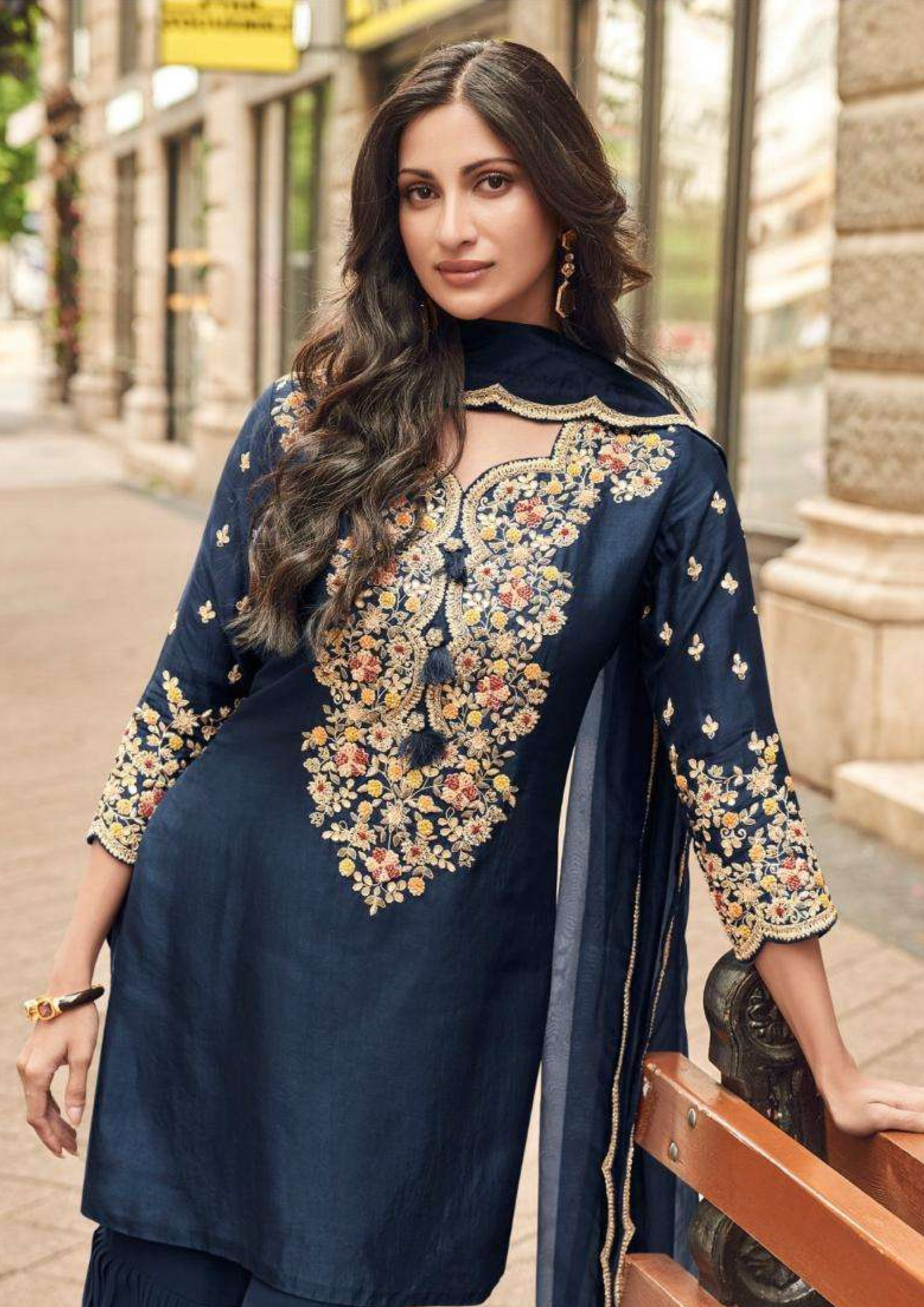 Navy Silk Zari Sequin Embroidered Sharara Suit Set