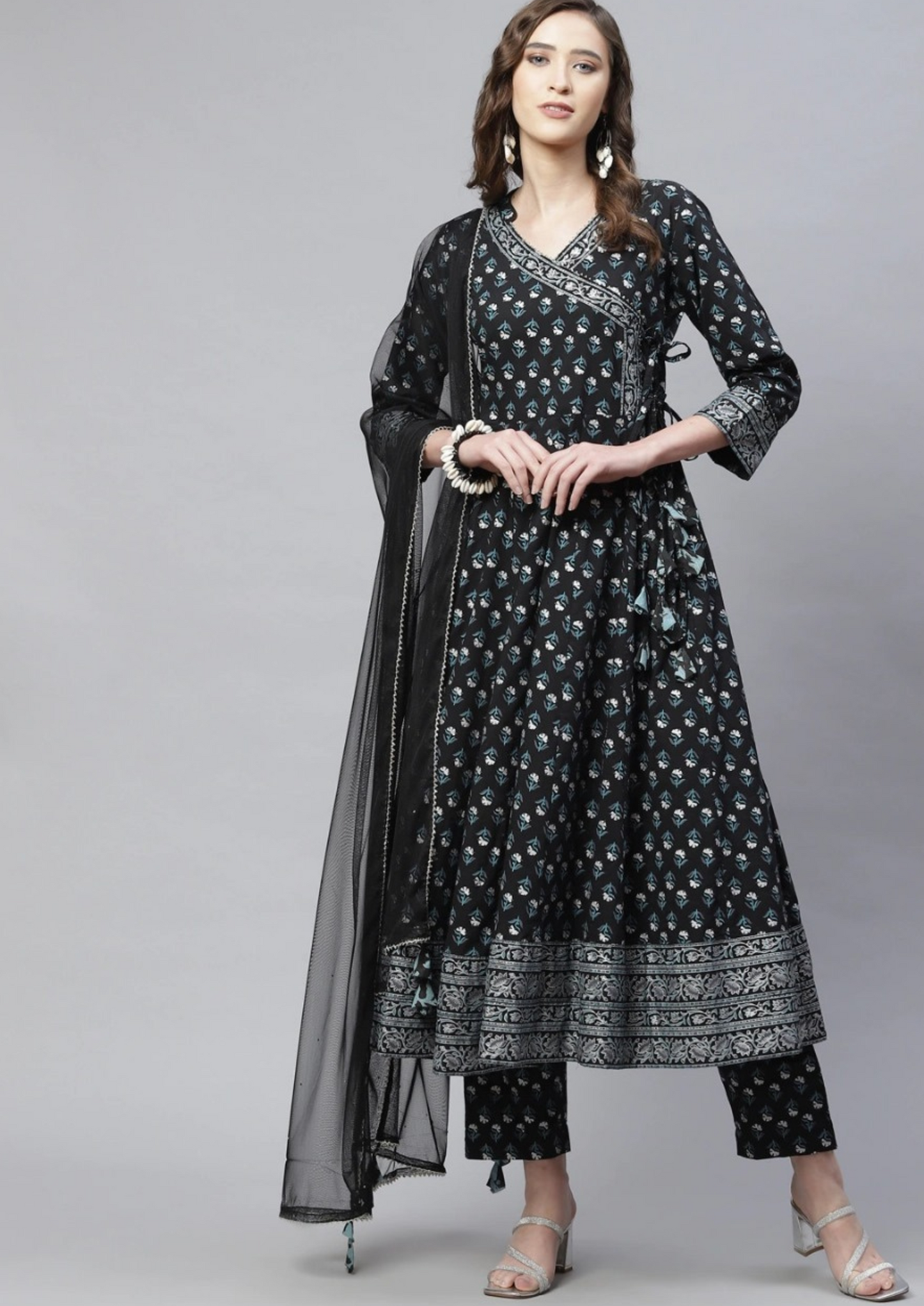 Black Floral Anarkali Kurta Pant Jaipur Cotton Set with Net Dupatta
