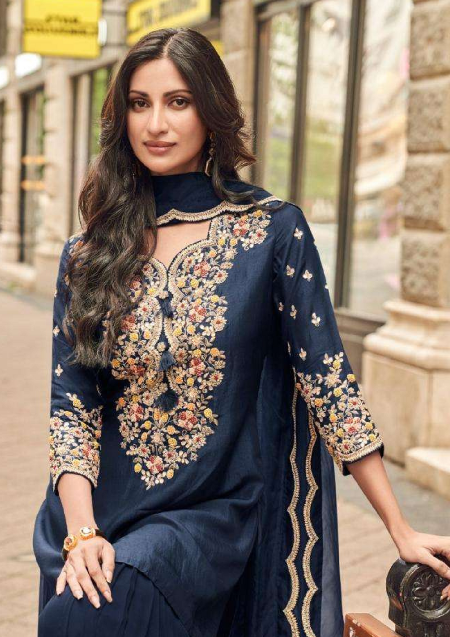 Navy Silk Zari Sequin Embroidered Sharara Suit Set