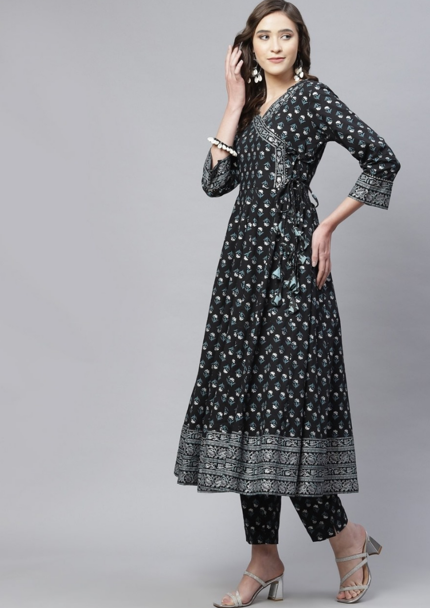 Black Floral Anarkali Kurta Pant Jaipur Cotton Set with Net Dupatta