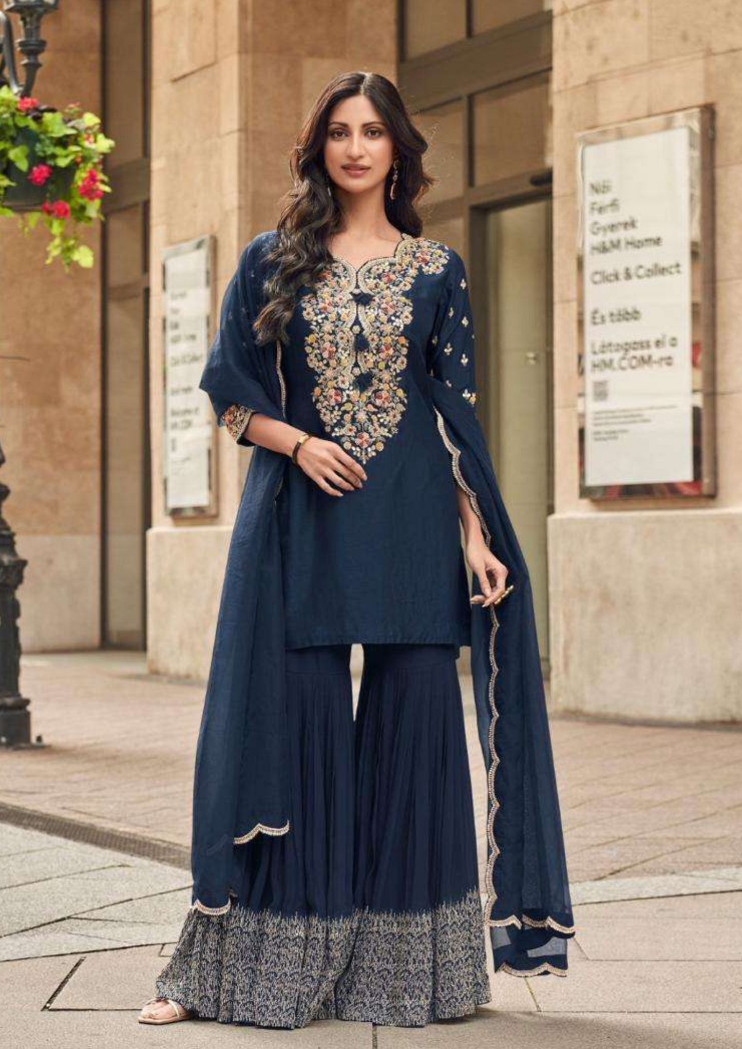 Navy Silk Zari Sequin Embroidered Sharara Suit Set