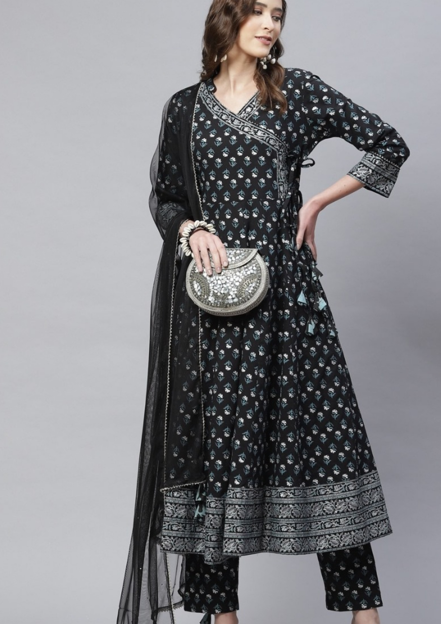 Black Floral Anarkali Kurta Pant Jaipur Cotton Set with Net Dupatta