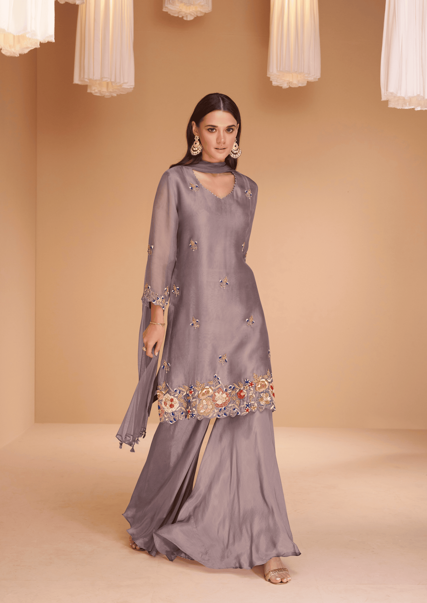 Purple Color Embroidered Organza Silk Sharara Suit Set