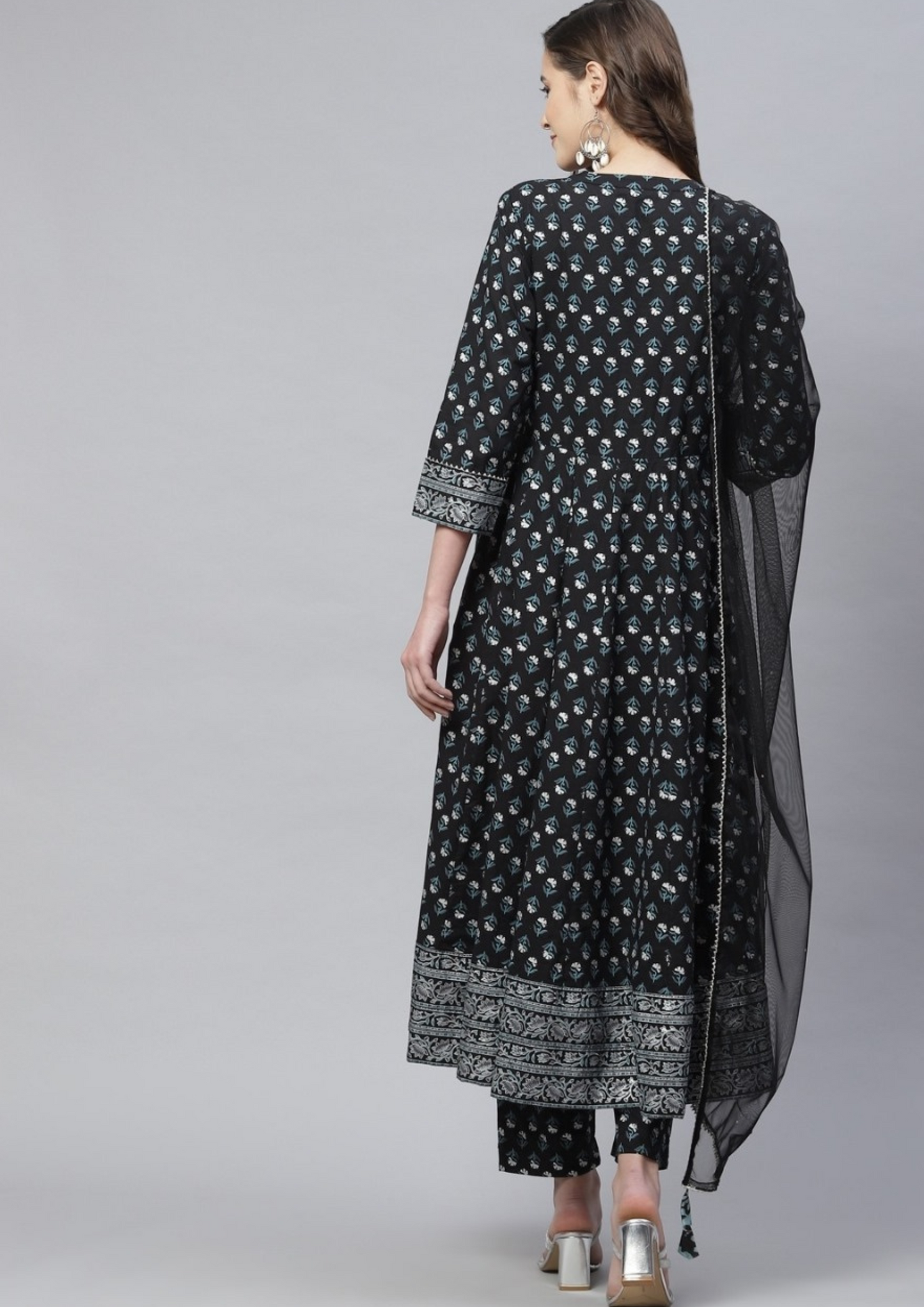 Black Floral Anarkali Kurta Pant Jaipur Cotton Set with Net Dupatta