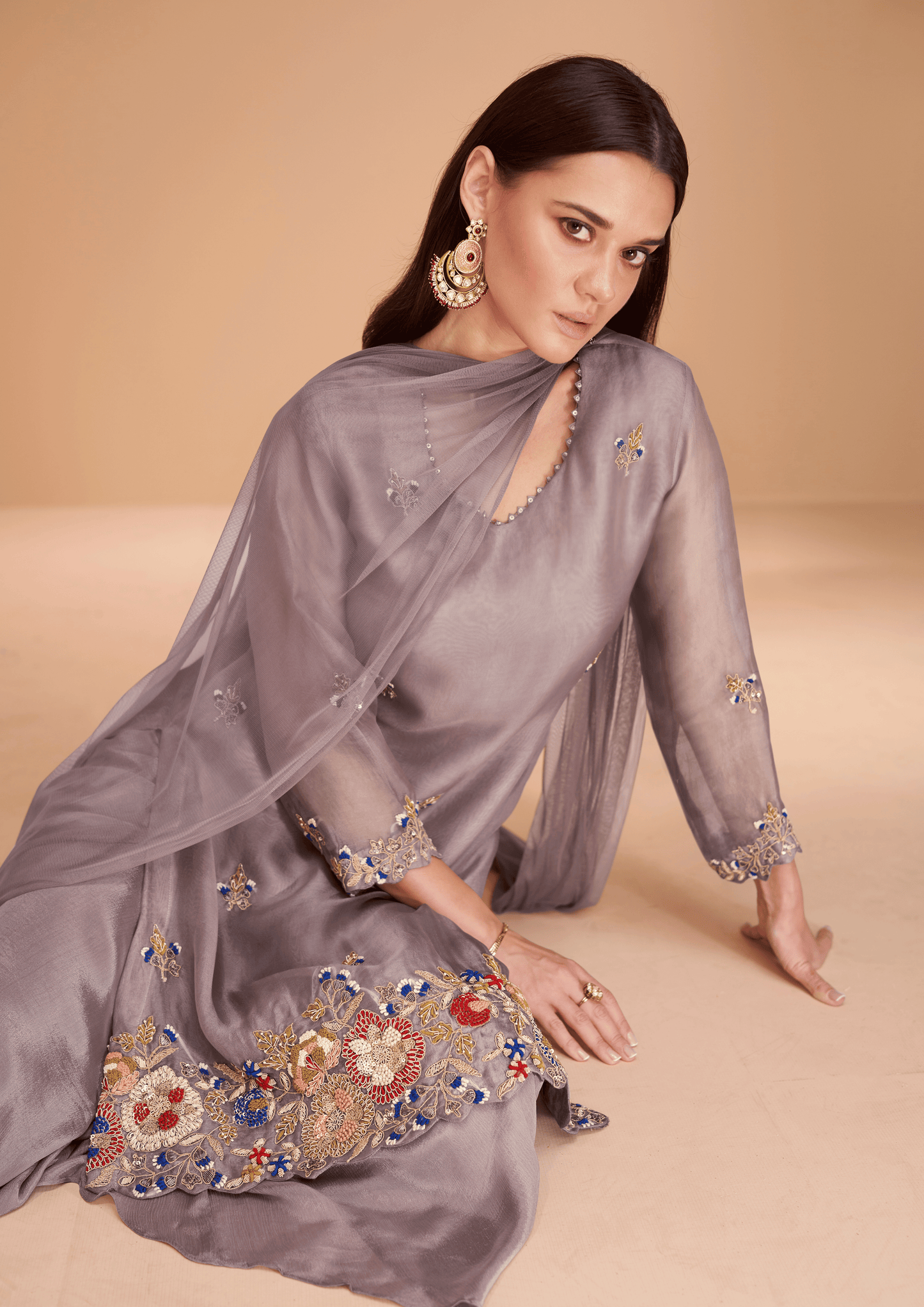 Purple Color Embroidered Organza Silk Sharara Suit Set