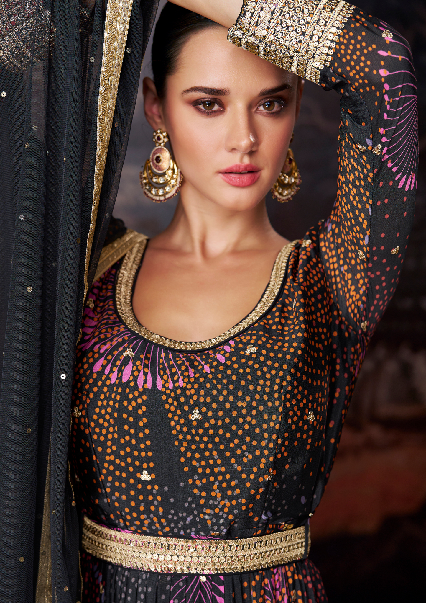 Black Printed Embroidered Georgette Anarkali Dress