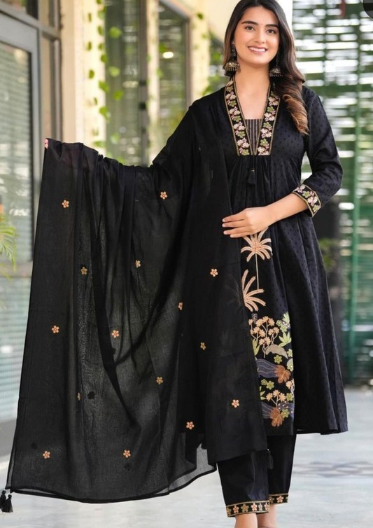 Pure Cotton Kurti Pant and Dupatta Set in Black with Heavy Embroidery