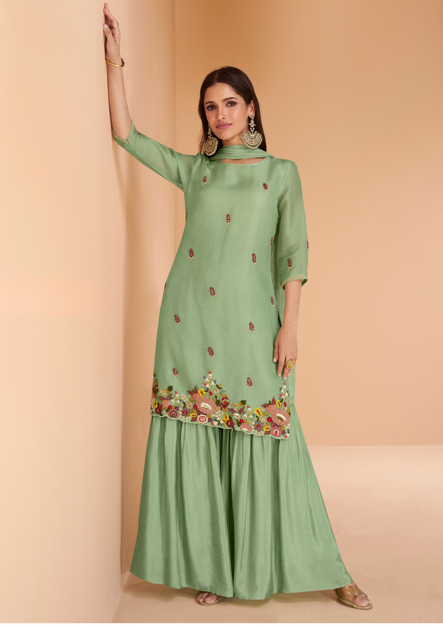 Green Color Embroidered Silk Organza Sharara Suit Set