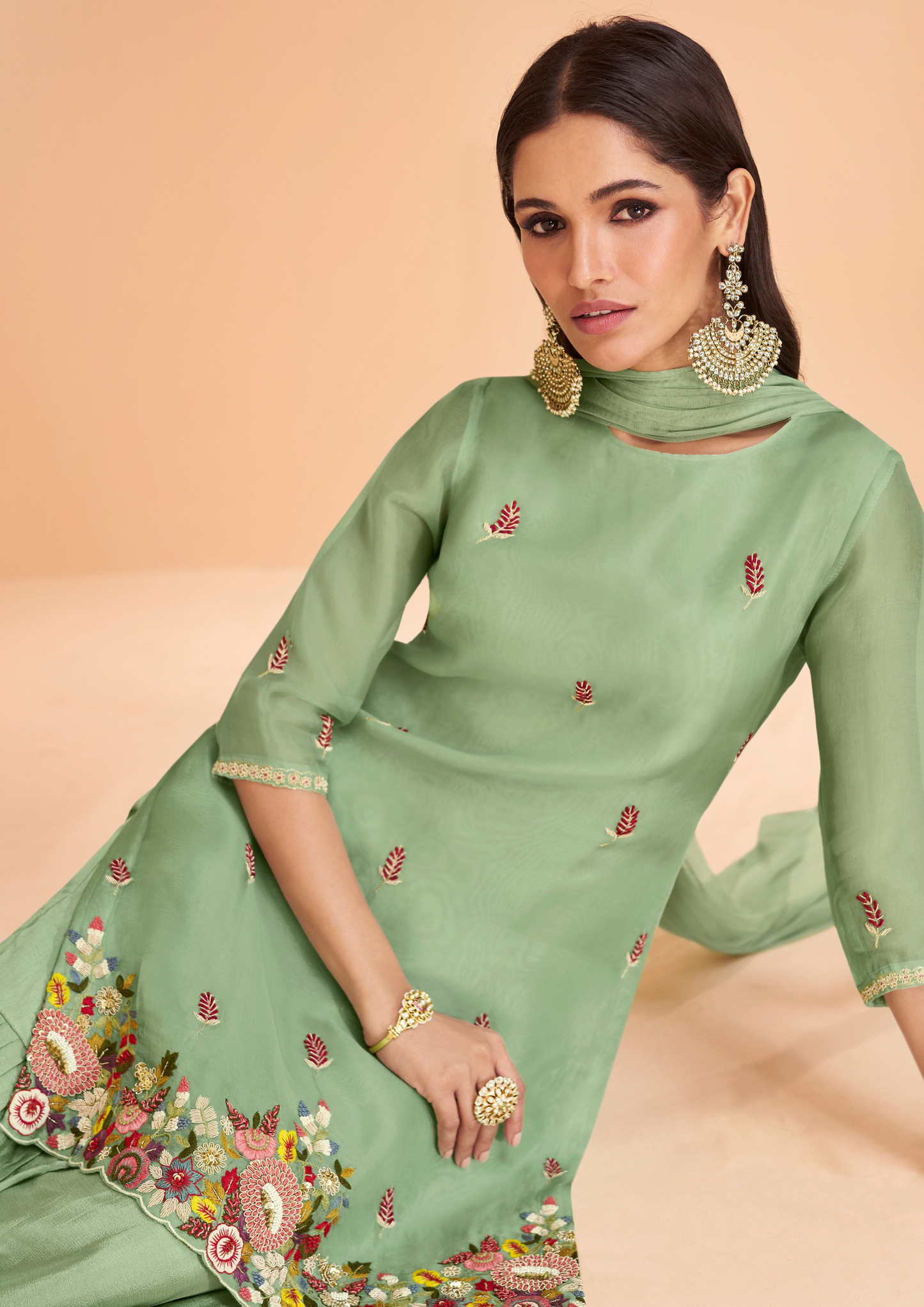 Green Color Embroidered Silk Organza Sharara Suit Set