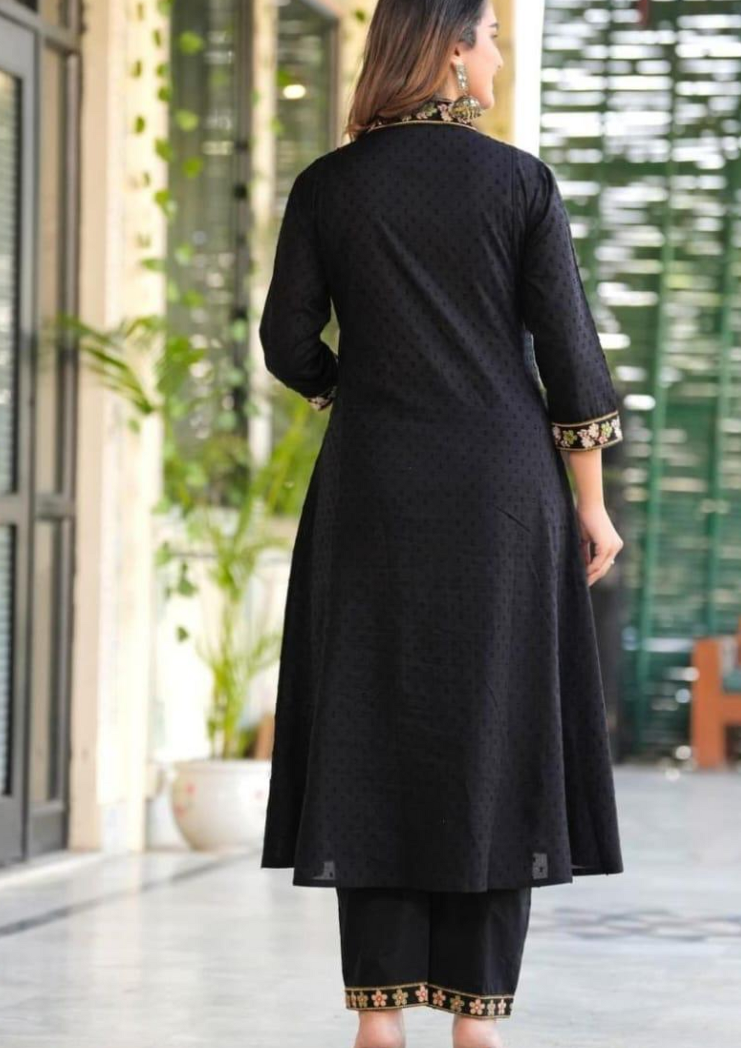 Pure Cotton Kurti Pant and Dupatta Set in Black with Heavy Embroidery