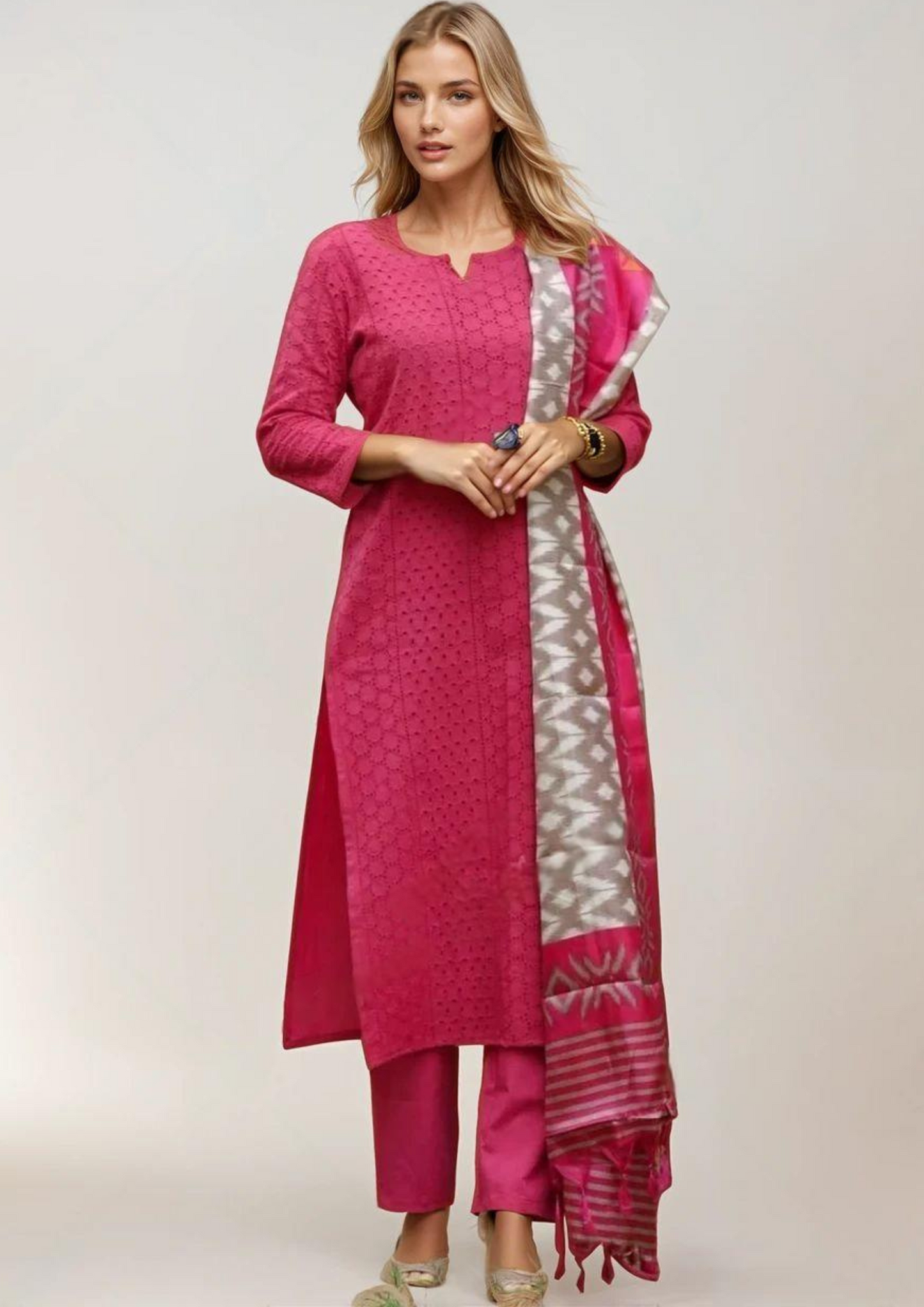 Cotton Blend Kurti Set with Pant and Raw Silk Dupatta