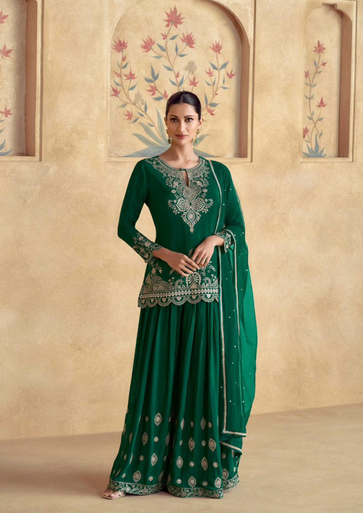 Green Premium Chinnon Silk Festive Sharara Suit Set