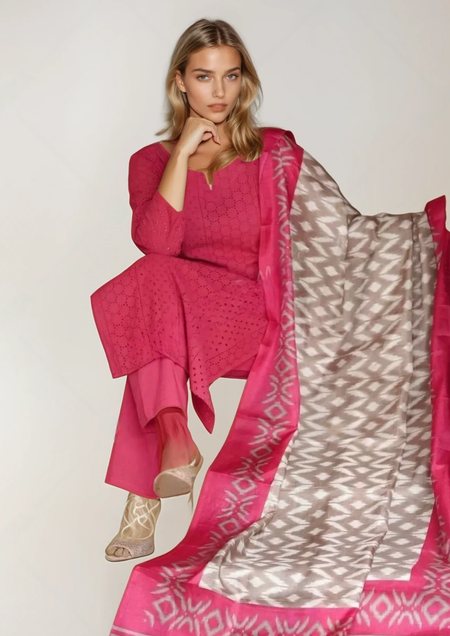 Cotton Blend Kurti Set with Pant and Raw Silk Dupatta
