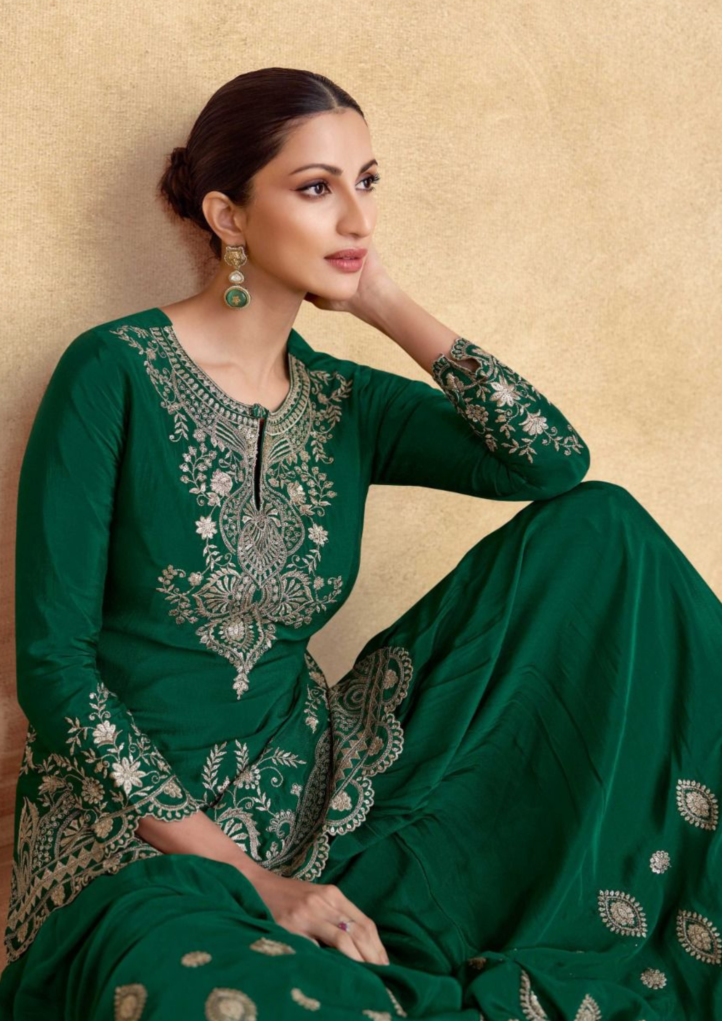 Green Premium Chinnon Silk Festive Sharara Suit Set