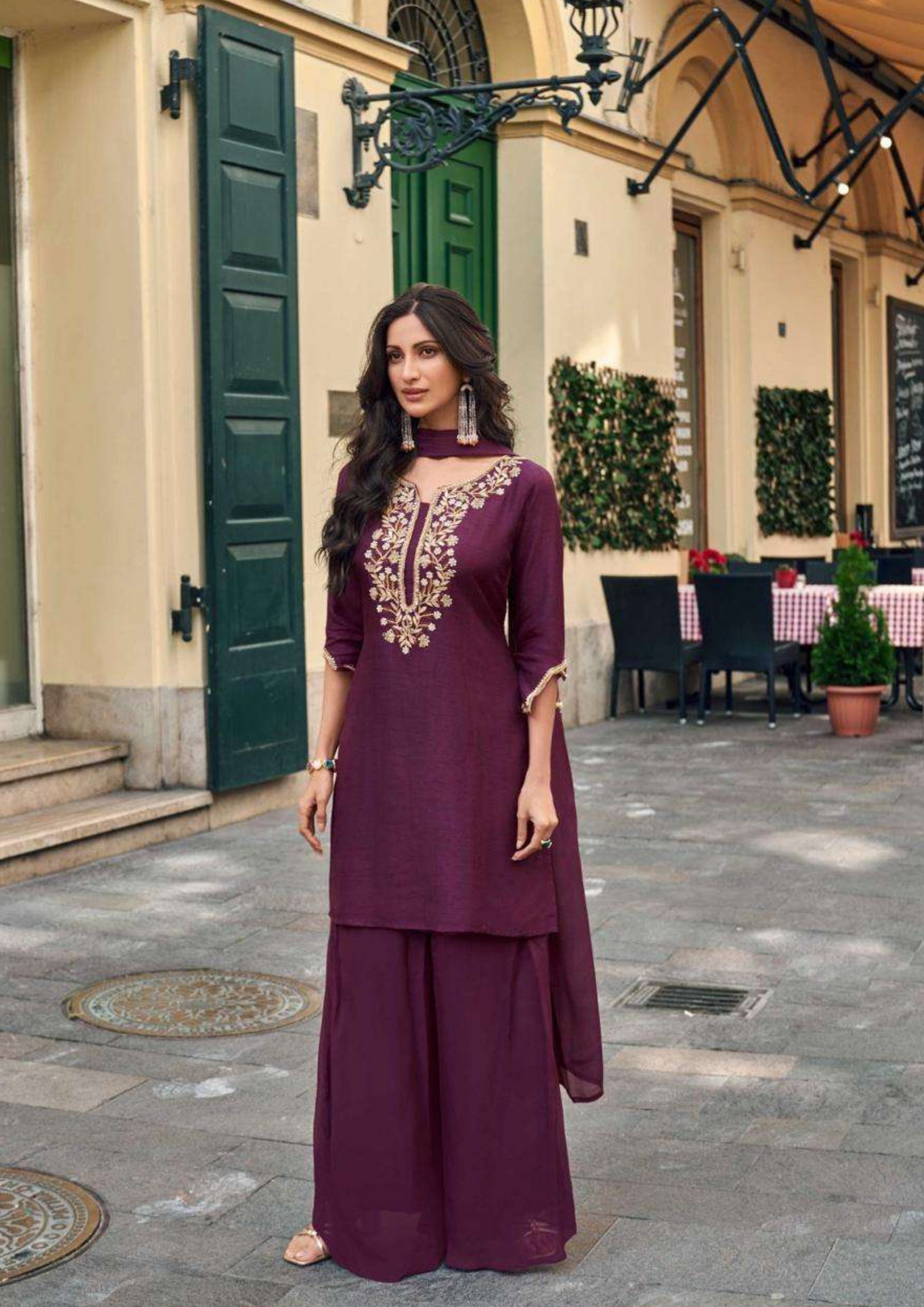 Wine Color Hand Embroidered Kurta and Palazzo Set with Dupatta