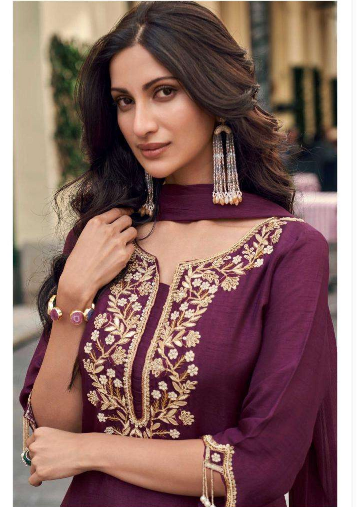 Wine Color Hand Embroidered Kurta and Palazzo Set with Dupatta