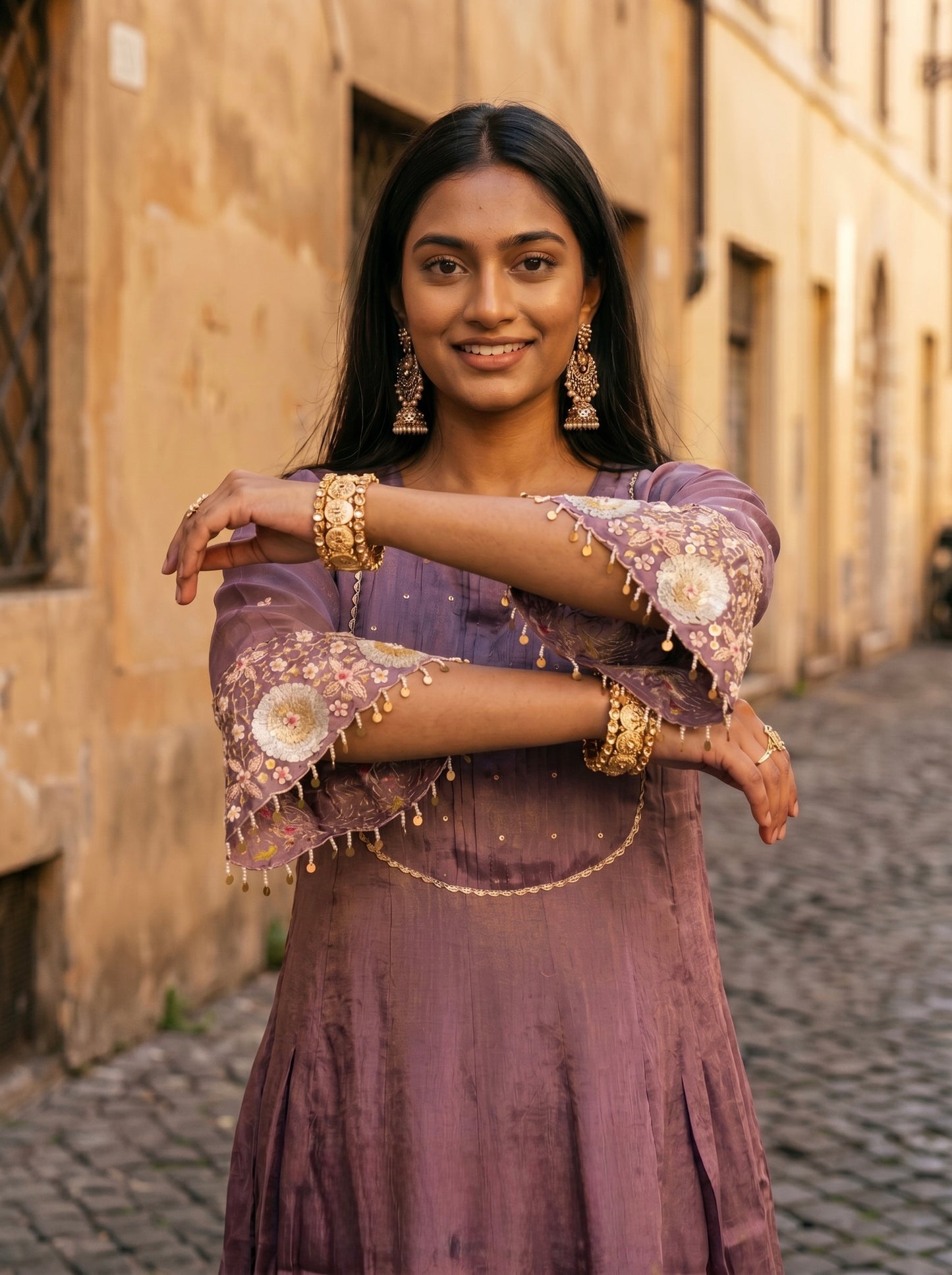 Purple Anarkali in Shimmer Tissue with Sequins Detailing