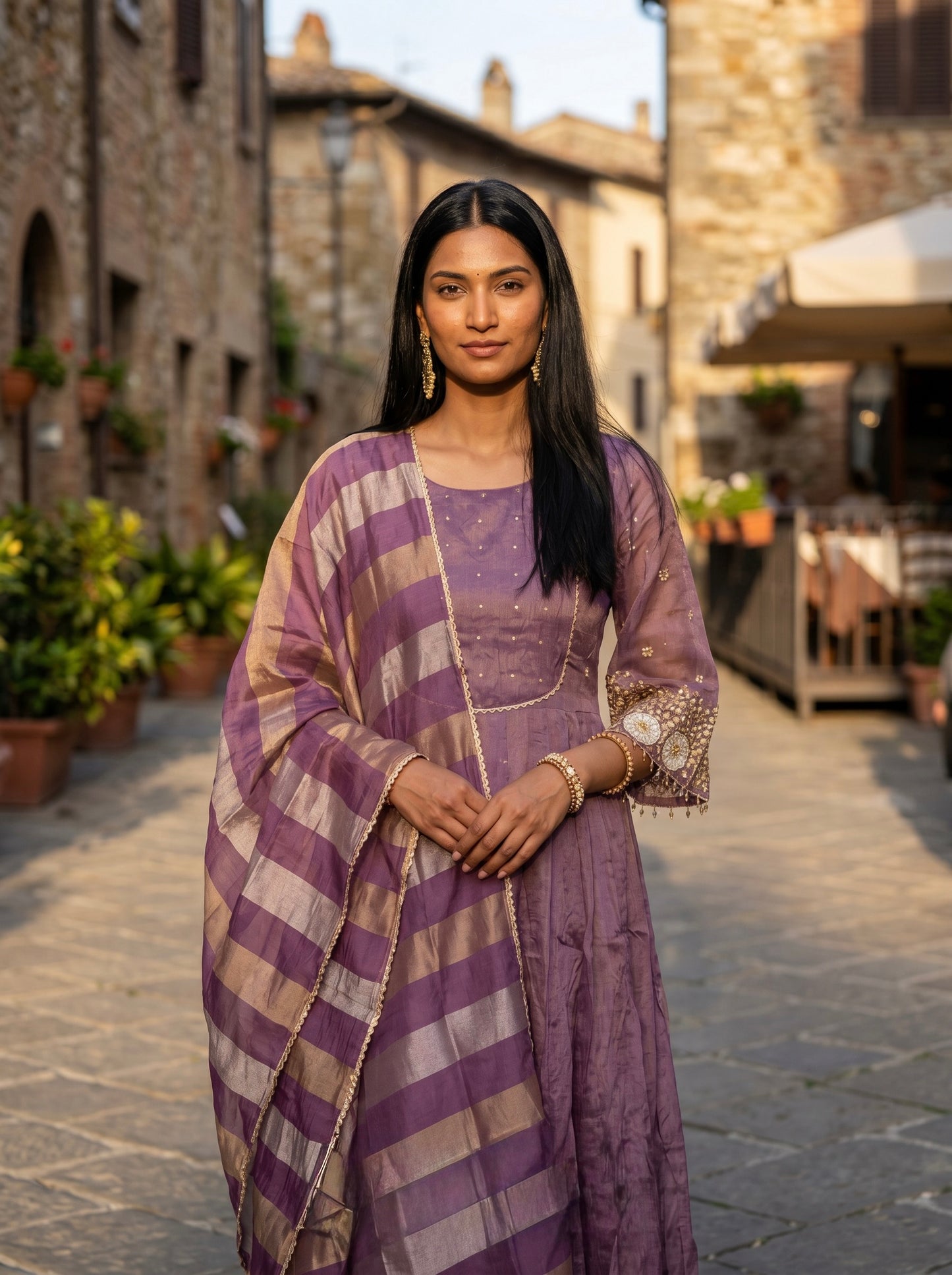 Purple Anarkali in Shimmer Tissue with Sequins Detailing