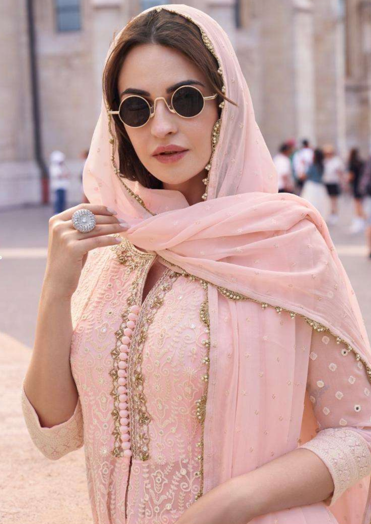 Blush Pink Embroidered Palazzo Suit with Dupatta in Georgette