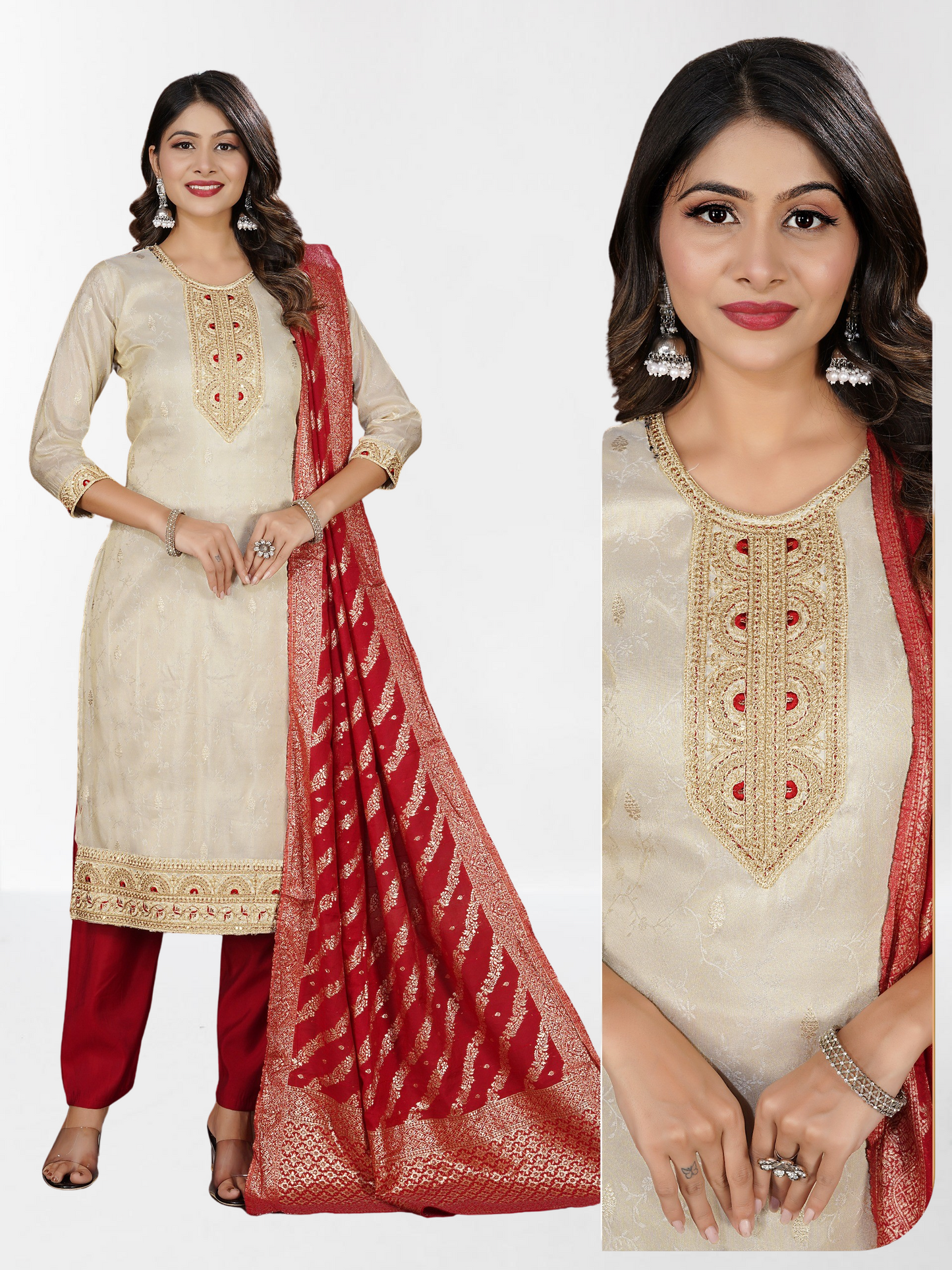 Classic Red and Beige Salwar Suit in Shimmer