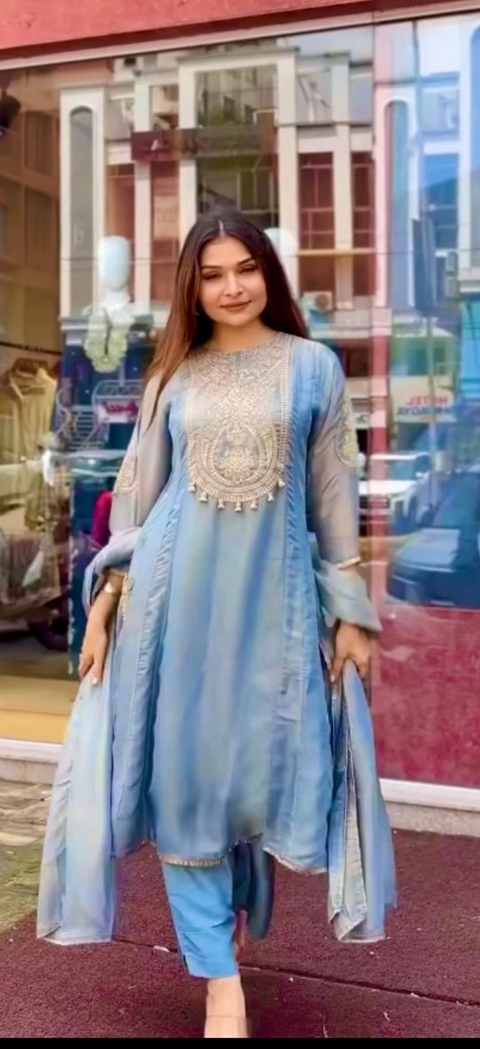 Blue Shimmer Tissue Silk Salwar Suit