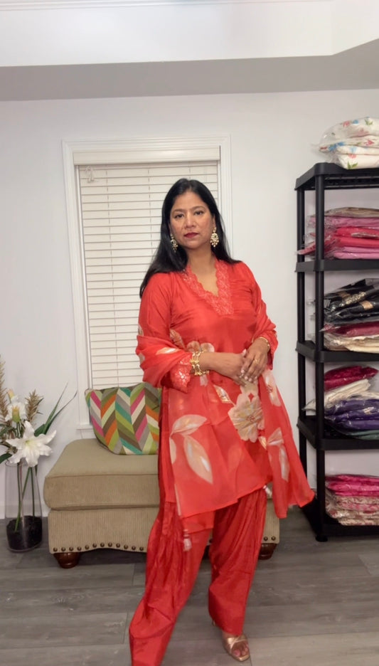 Flower Bloom Hand-Painted Chinon Silk Farshi Salwar Suit