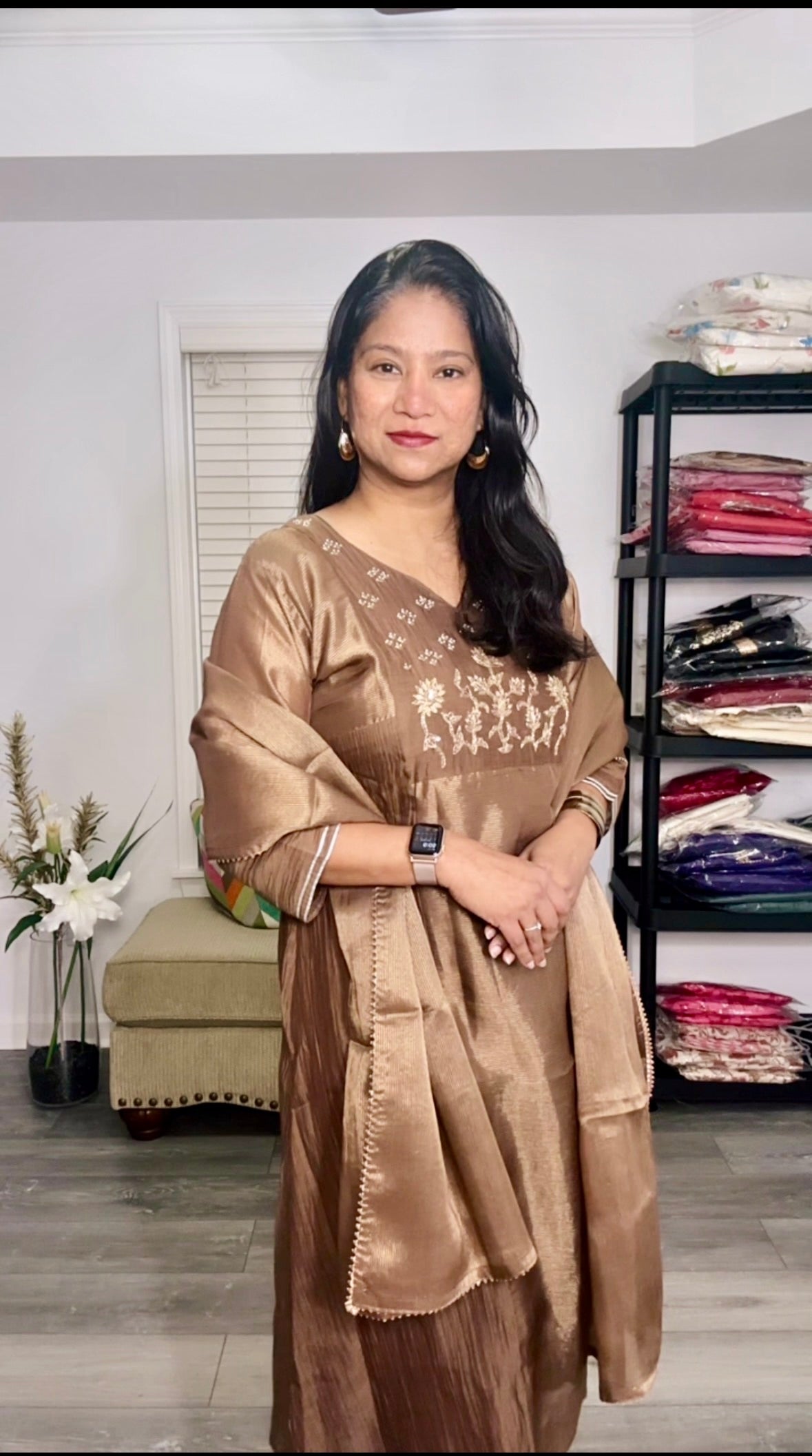 Brown Tissue Silk and Mul Cotton Salwar Suit with Golden Embroidery