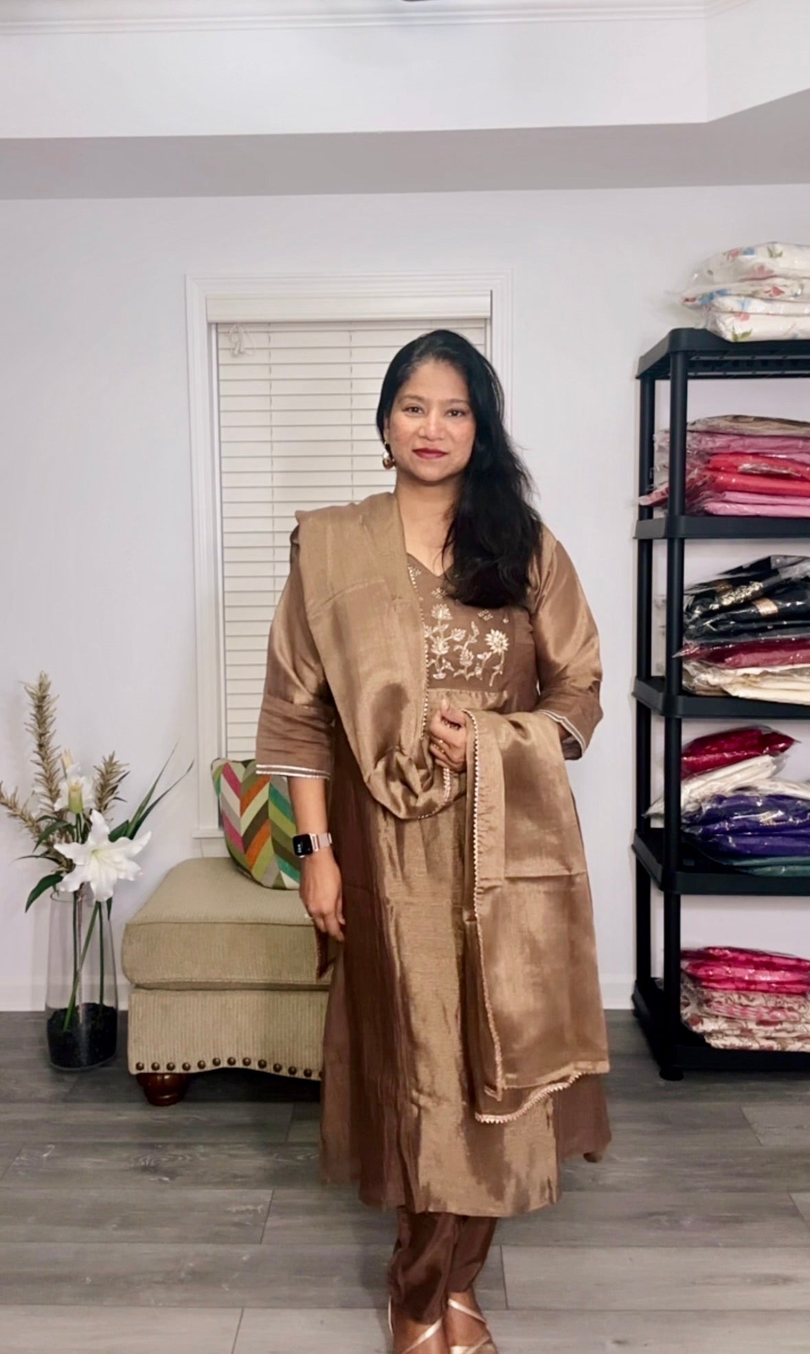 Brown Tissue Silk and Mul Cotton Salwar Suit with Golden Embroidery