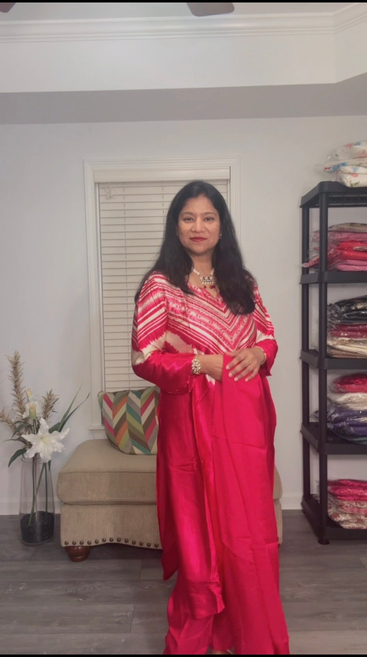 Fuchsia Pink Satin Silk Salwar Suit with Organza Dupatta