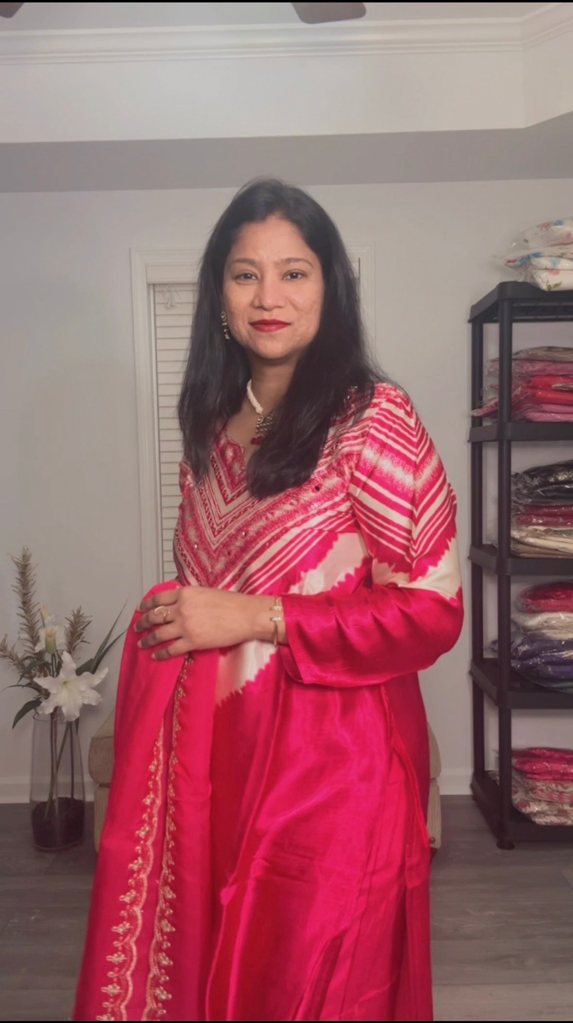 Fuchsia Pink Satin Silk Salwar Suit with Organza Dupatta