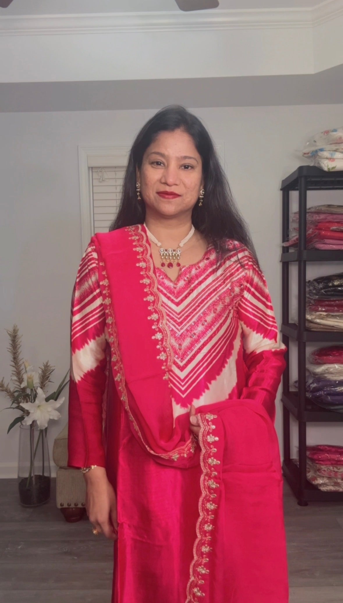 Fuchsia Pink Satin Silk Salwar Suit with Organza Dupatta