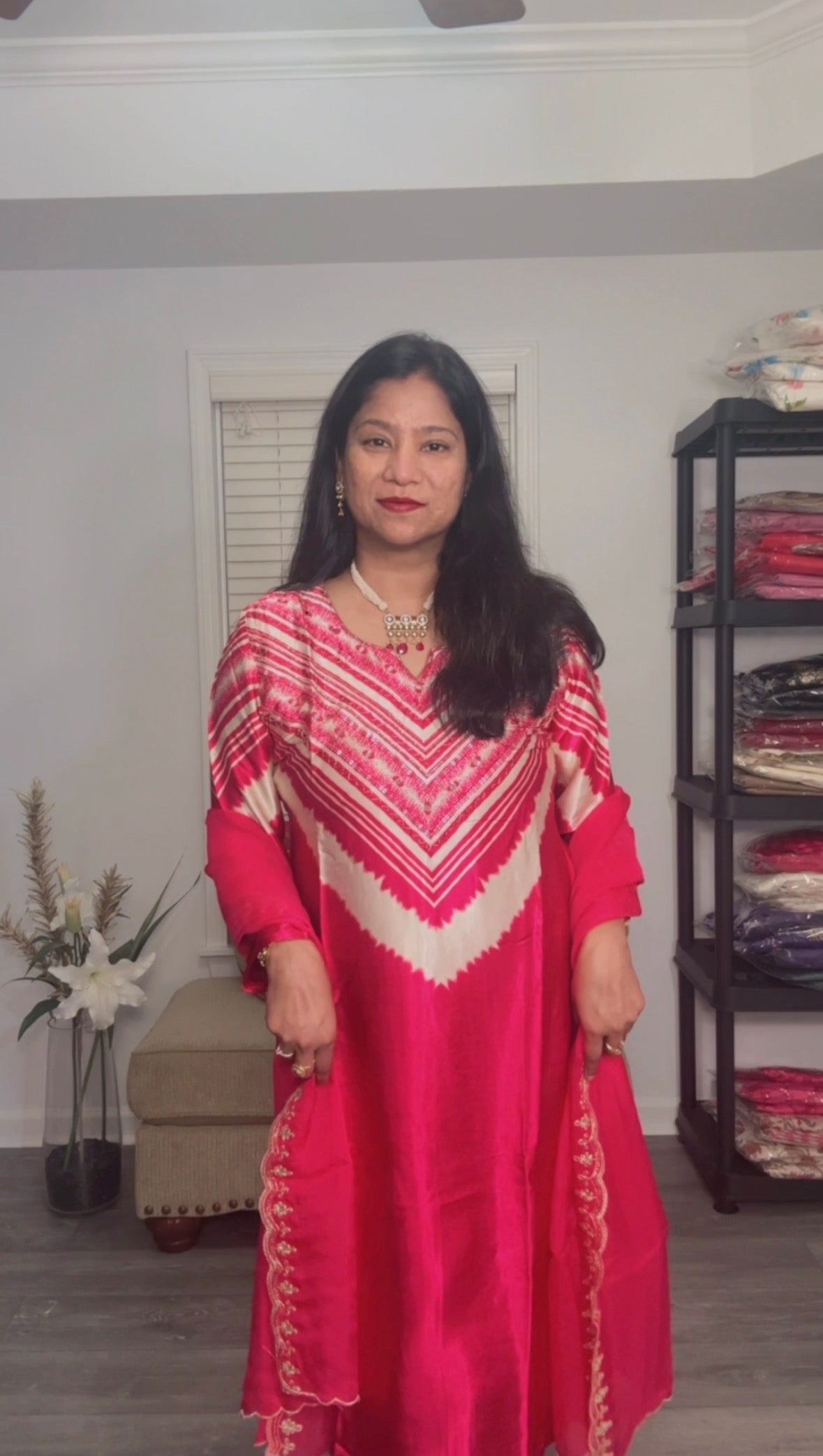 Fuchsia Pink Satin Silk Salwar Suit with Organza Dupatta