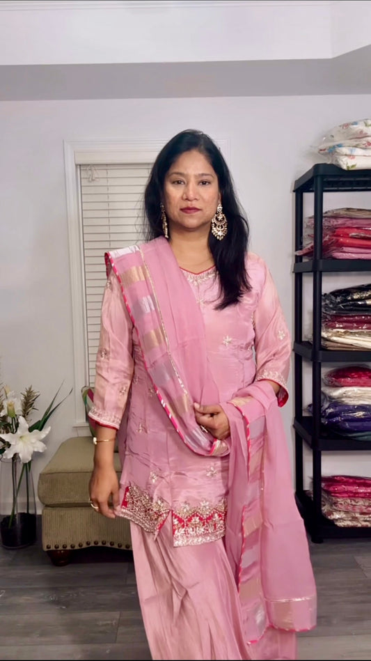 Blush Pink Gota Patti Palazzo Set – Short Kurta with Tissue Dupatta