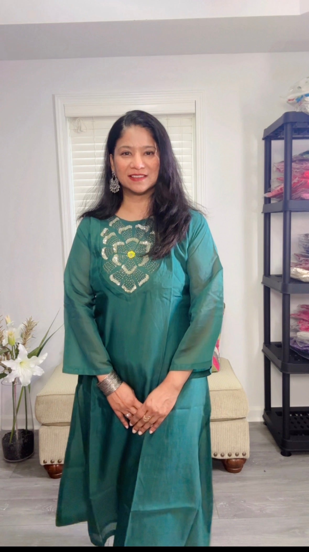 Teal Green Cotton Suit with Sequin Yoke and Dupatta