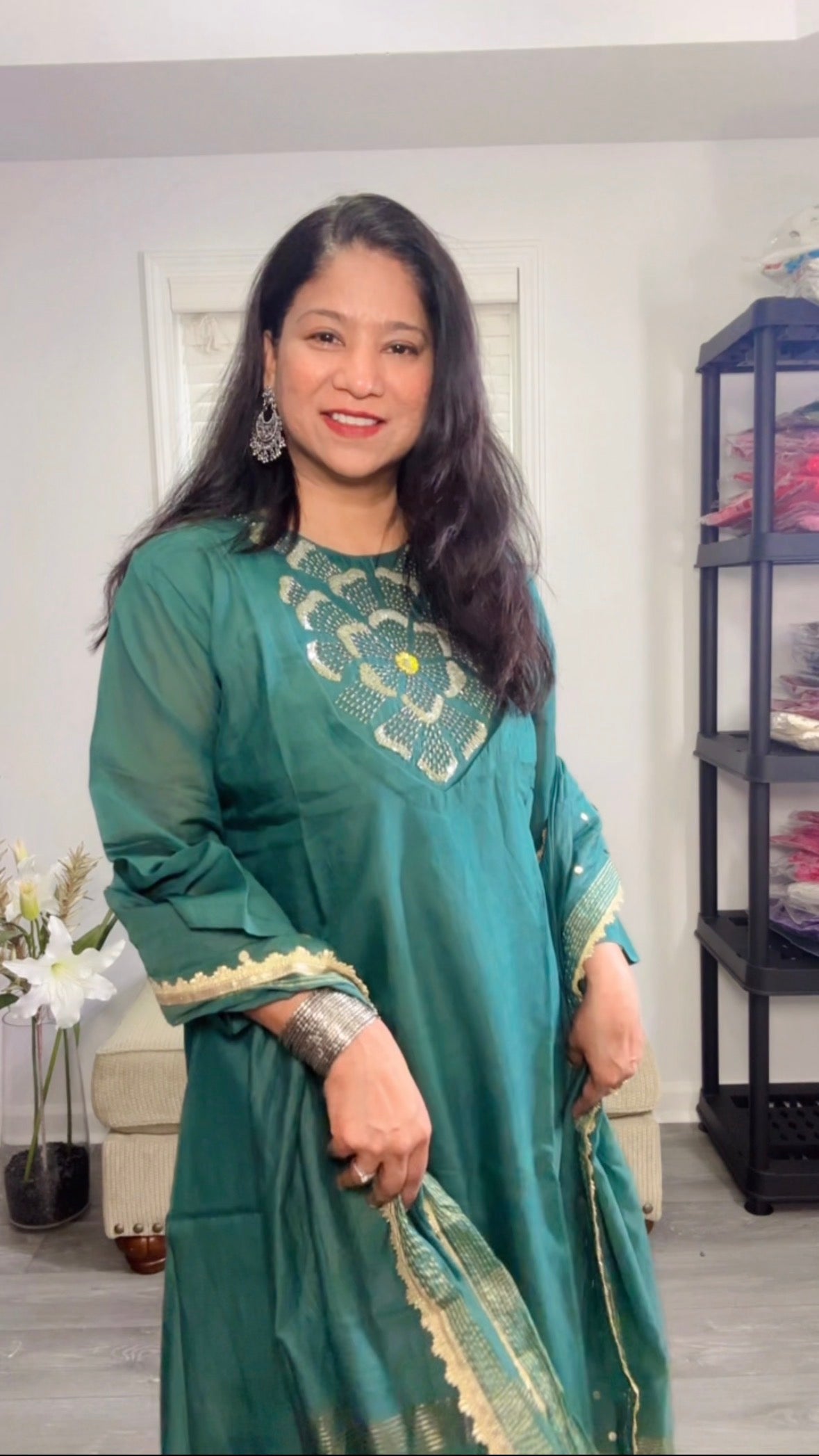 Teal Green Cotton Suit with Sequin Yoke and Dupatta