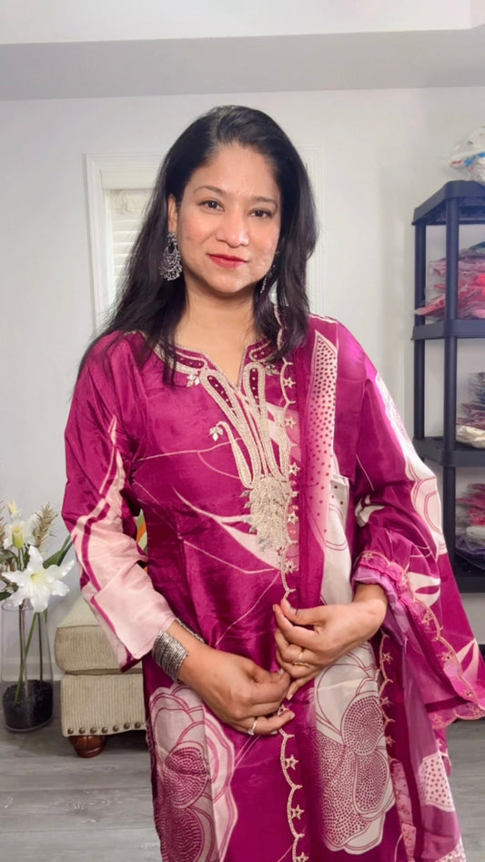 Berry Wine Chinon Silk Suit with Embroidered Yoke and Matching Dupatta