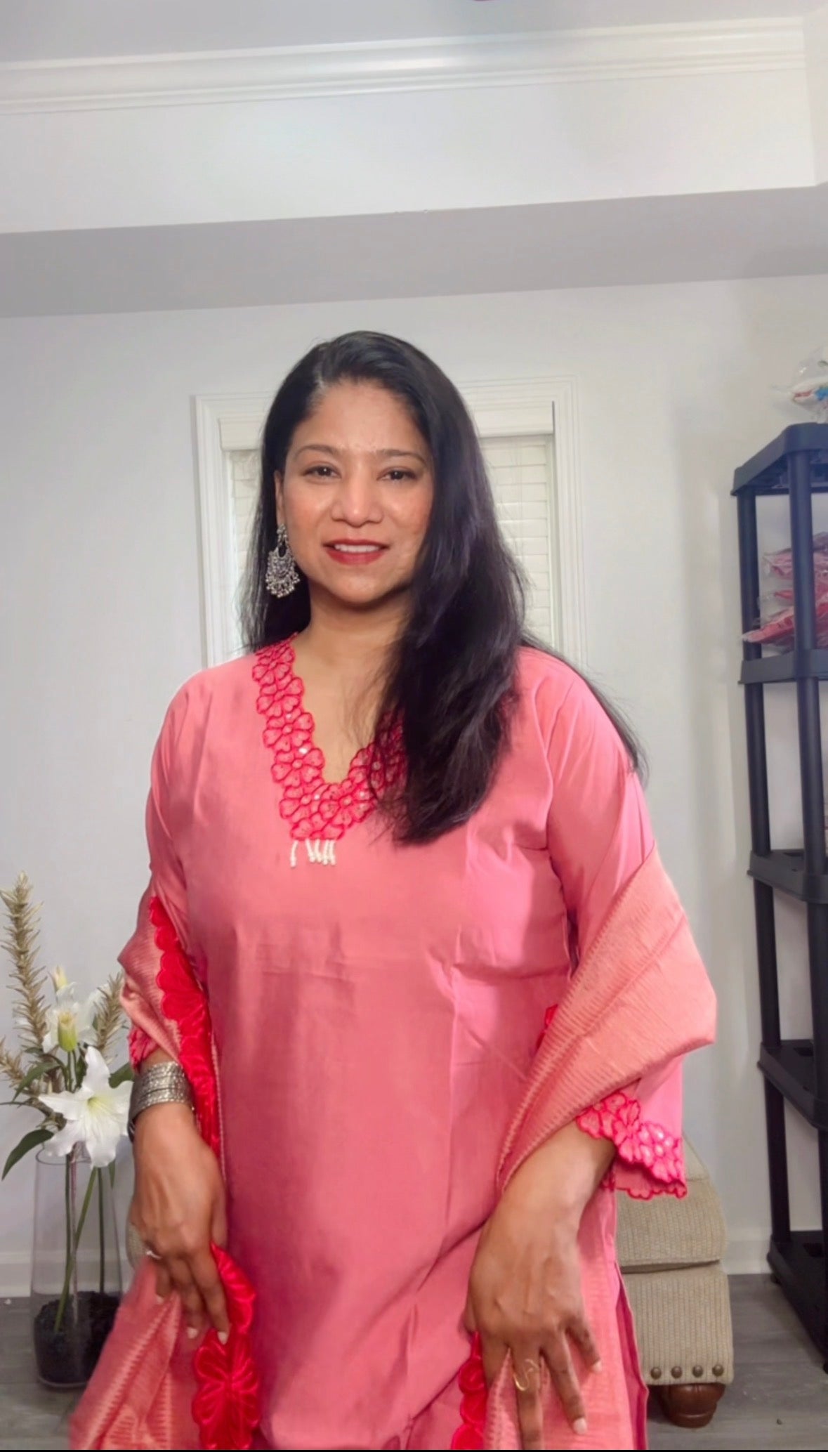 Champagne Pink Cotton Silk Set with Pearl Cutwork Embroidery
