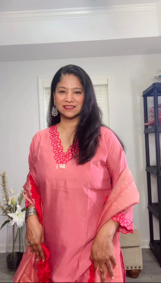 Champagne Pink Cotton Silk Set with Pearl Cutwork Embroidery
