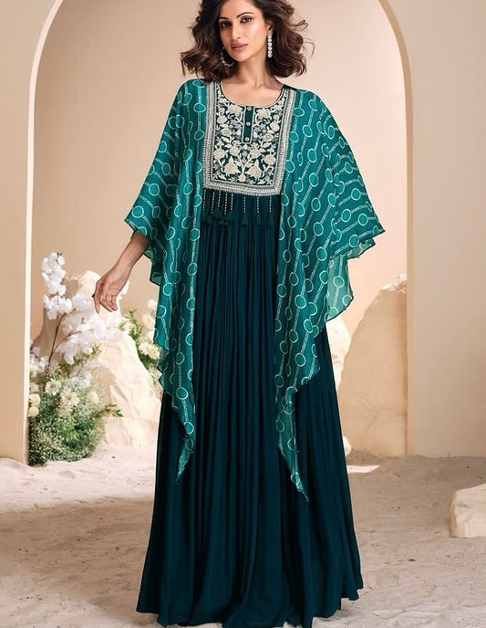 Teal Green Chinon Silk Kaftan Style Anarkali Gown