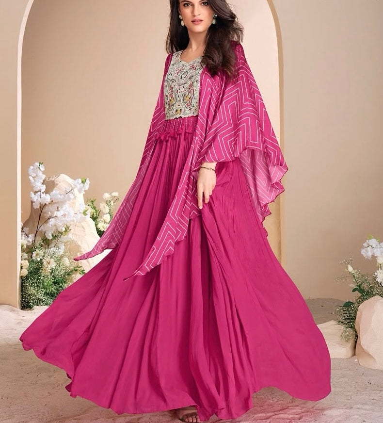 Pink Chinon Silk Kaftan Style Anarkali Gown