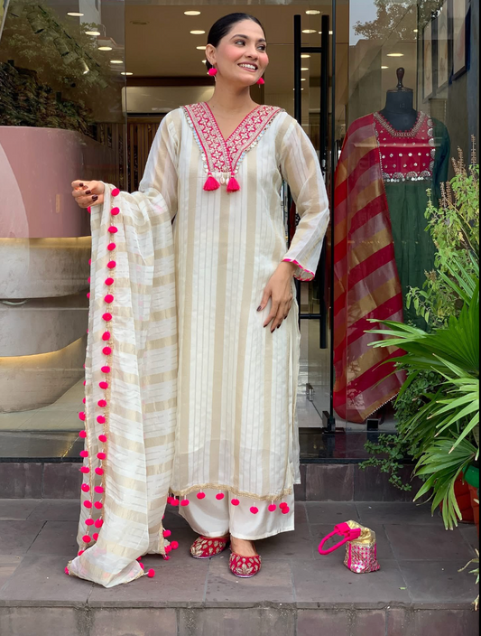 Ivory Tissue Pom Pom Salwar Suit