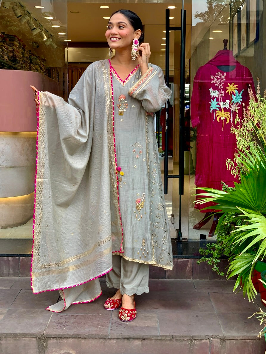 Grey Mul Chanderi Salwar Suit