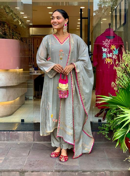 Grey Mul Chanderi Salwar Suit