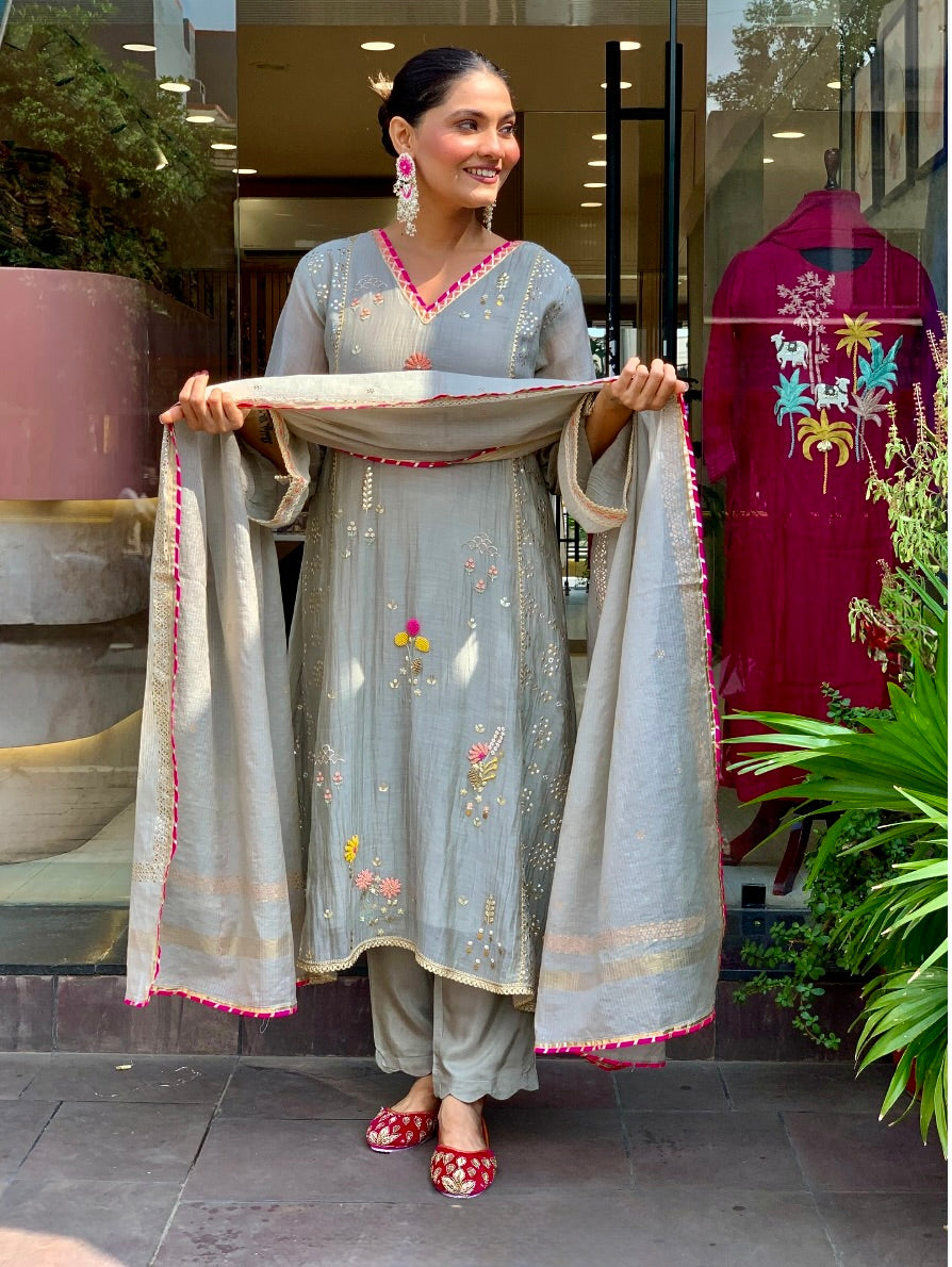 Grey Mul Chanderi Salwar Suit