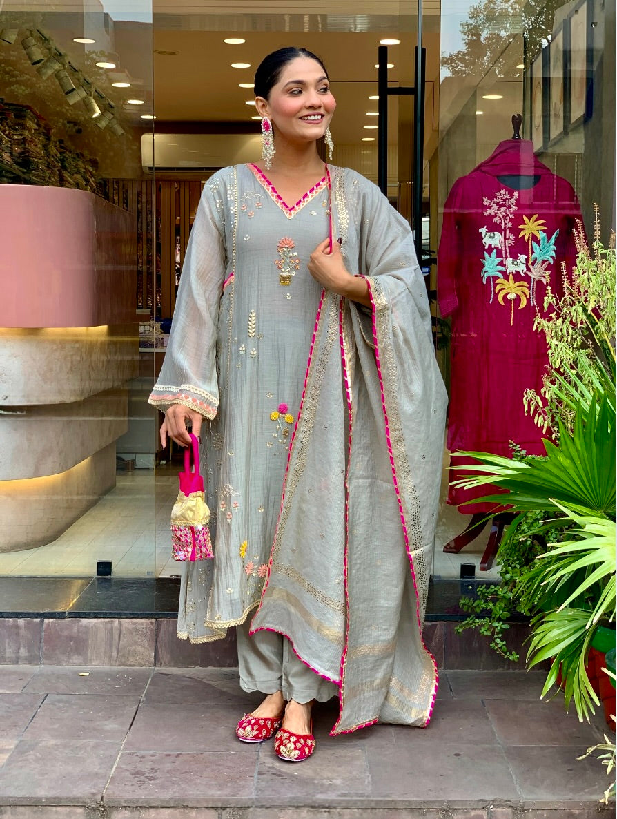 Grey Mul Chanderi Salwar Suit