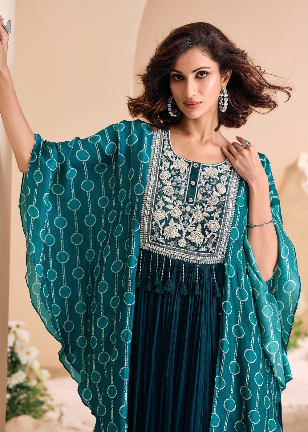 Teal Green Chinon Silk Kaftan Style Anarkali Gown