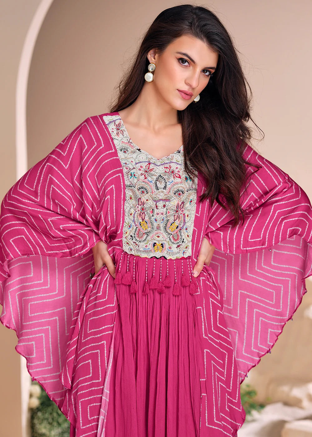 Pink Chinon Silk Kaftan Style Anarkali Gown