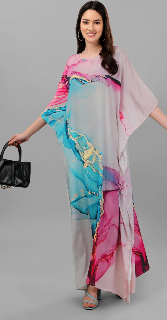 Silk Kaftan Full Length in Blue and Pink