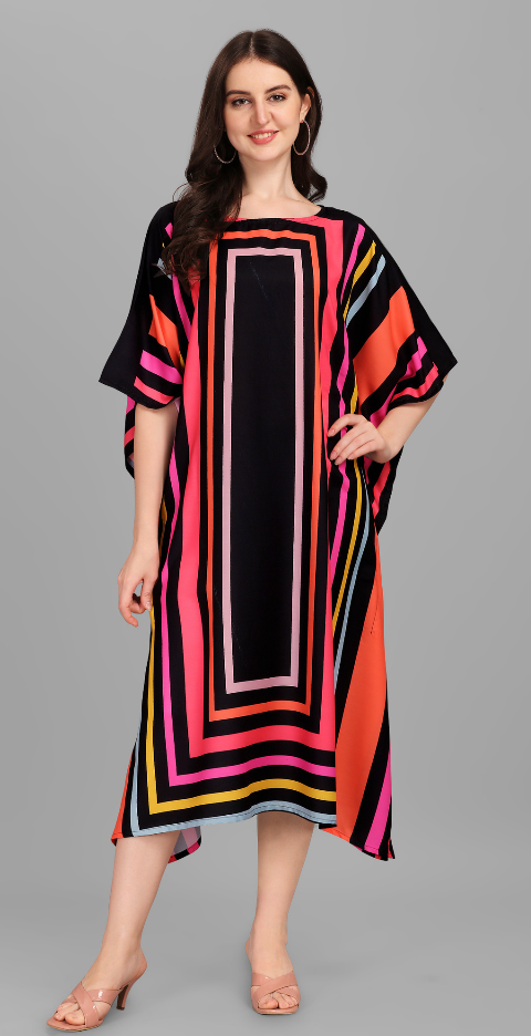 Kaftan in Black and Red with Geometric Design