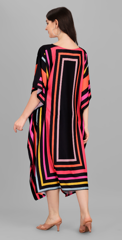 Kaftan in Black and Red with Geometric Design